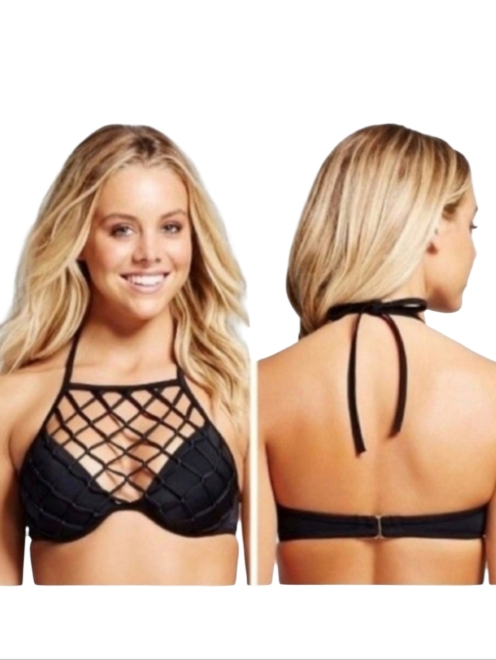 Shade & Shore Black Halter Swim Top Size 34B Fishnet Padded Bikini Top